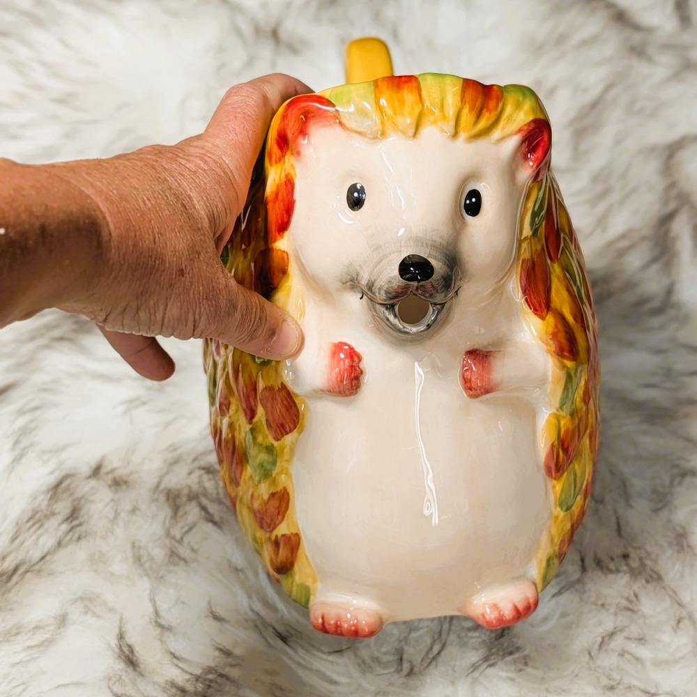Pier 1 Hedgehog Fall Ceramic Vibrant Hand Painted Pitcher
